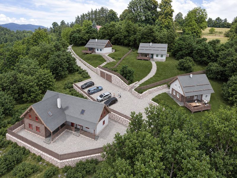 Letecká vizualizace projektu — všechny čtyři chalupy včetně RD 01